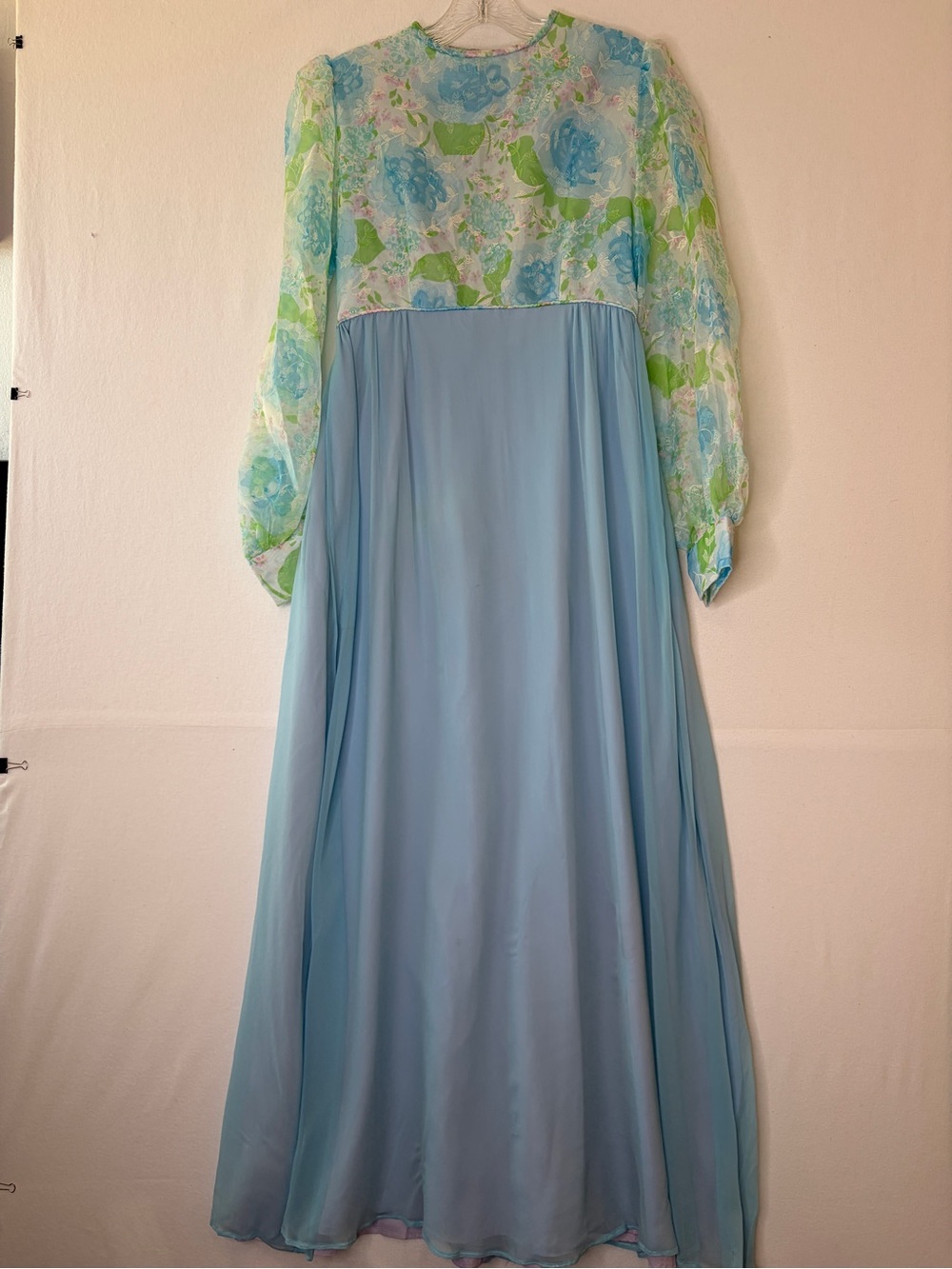 Vintage 70s Blue Chiffon Floral Empire Waist Maxi Dress Bishop Sleeve XS/S